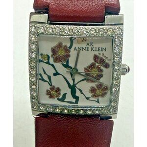 Anne Klein Women's Watch 10/8913 Red Leather Wide Band Floral Sparkle Face